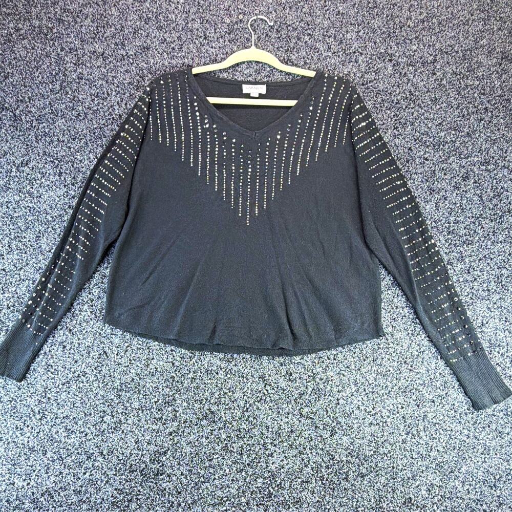 Carmen Women's Black Solid V-Neck Long Sleeve Rhinestone Pullover Top 2XL